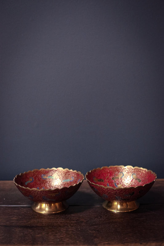 Pair of Brass Enamel Bowls - Vintage Indian Brass Bowls
