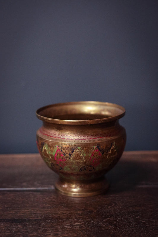 Brass Enamel Plant Drop Pot - Vintage Indian Brass Planter