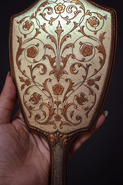 Gold & Silver Floral Vanity Mirror Brush Set