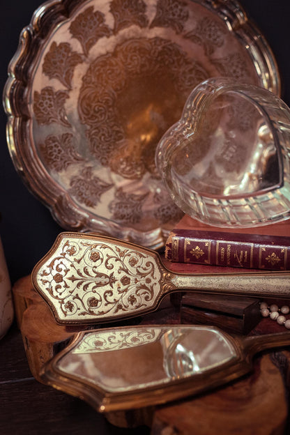 Gold & Silver Floral Vanity Mirror Brush Set