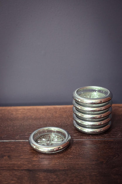 Silver Plated Crystal Coasters by National Silver Co - Vintage MCM Barware