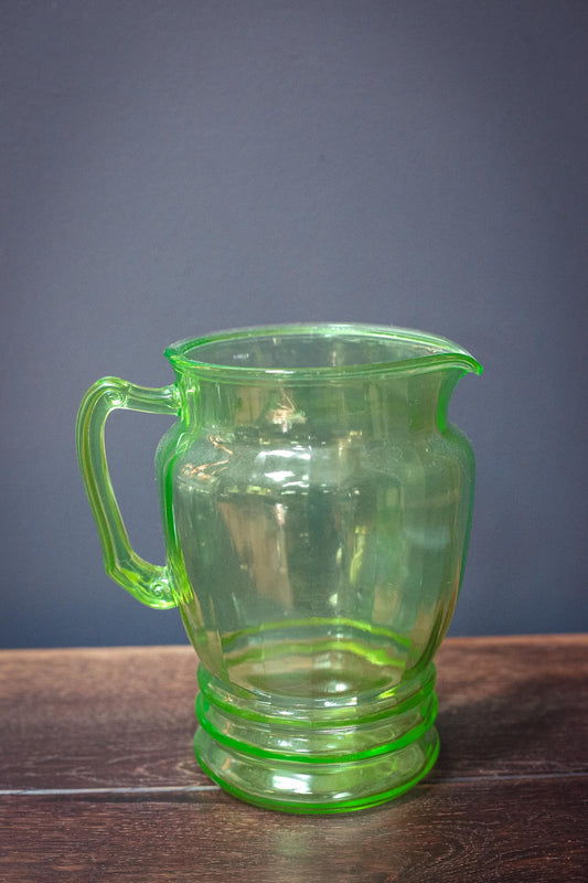 Large Green Uranium Glass Pitcher 8.5" Tall - Vintage Vaseline Glass Water Pitcher