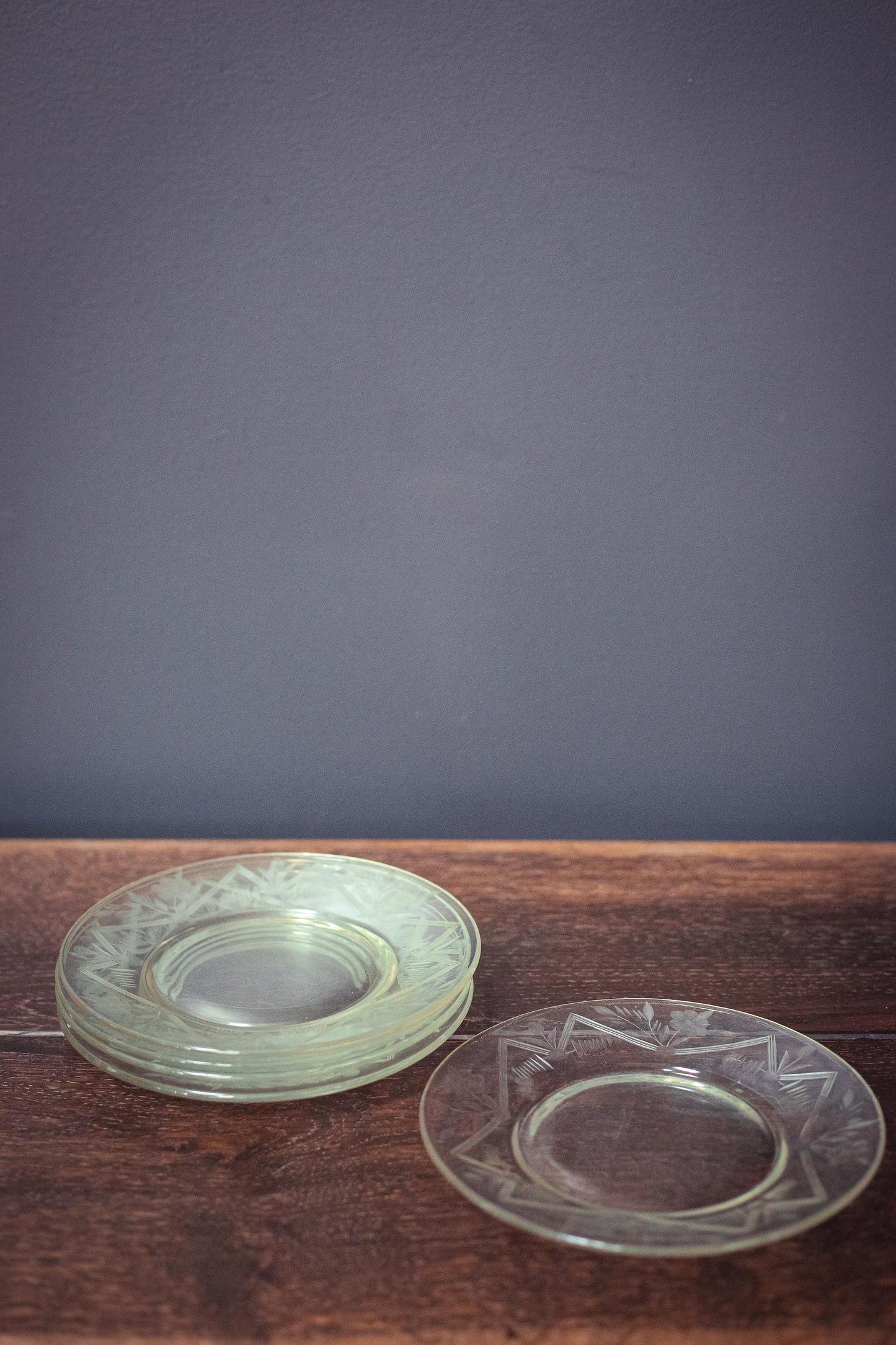 Carved Glass Fruit Plates with Geometric Floral Border - Vintage Glass Plates set of 5