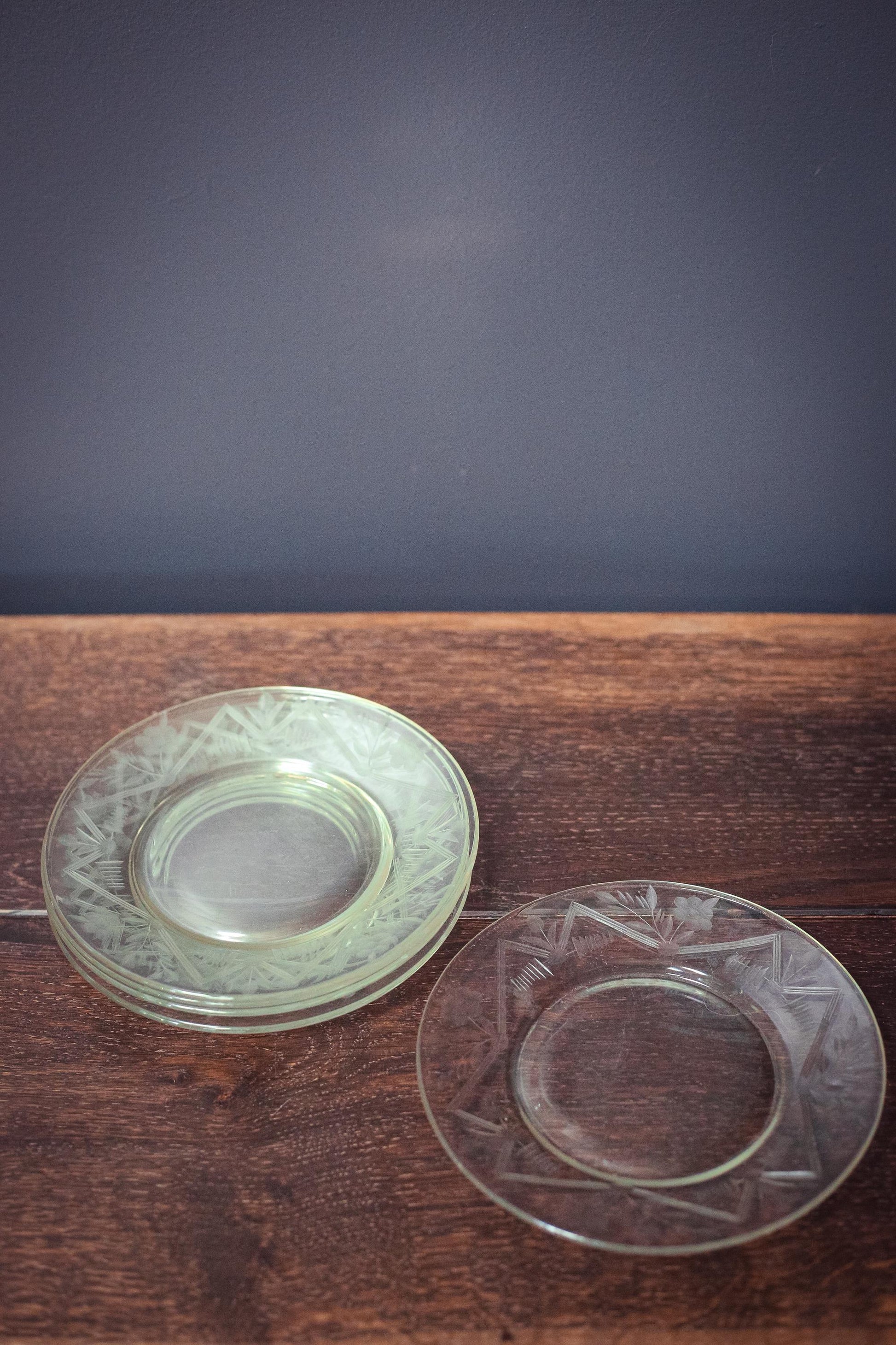 Carved Glass Fruit Plates with Geometric Floral Border - Vintage Glass Plates set of 5