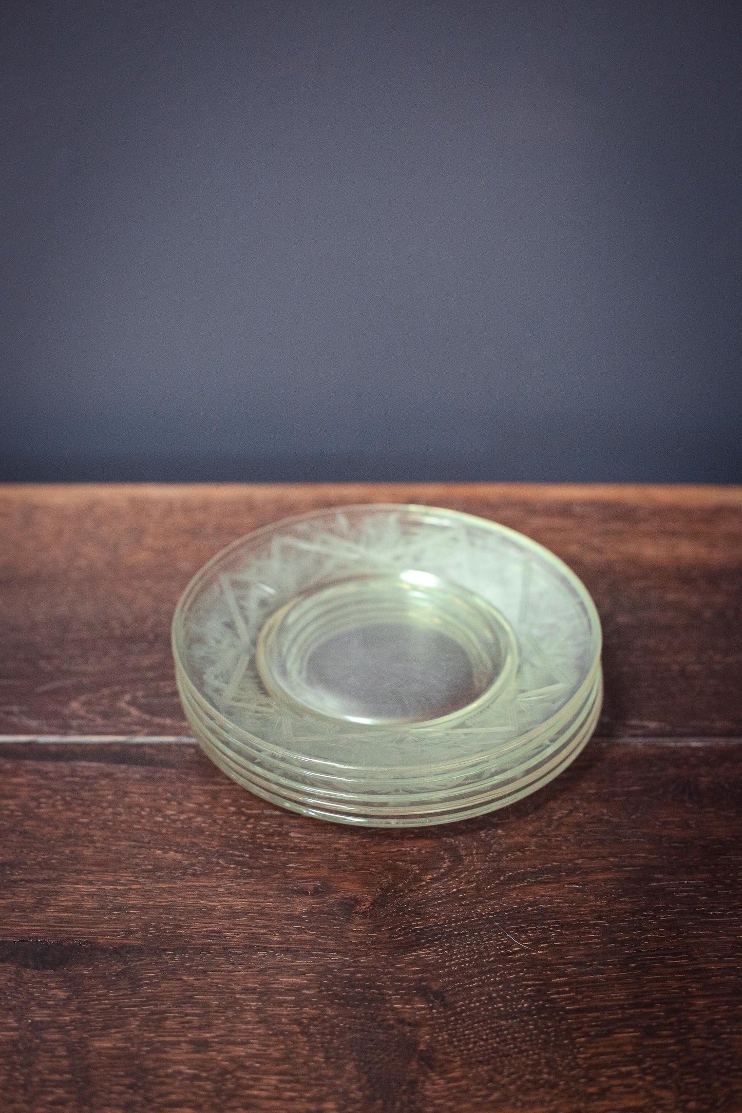 Carved Glass Fruit Plates with Geometric Floral Border - Vintage Glass Plates set of 5