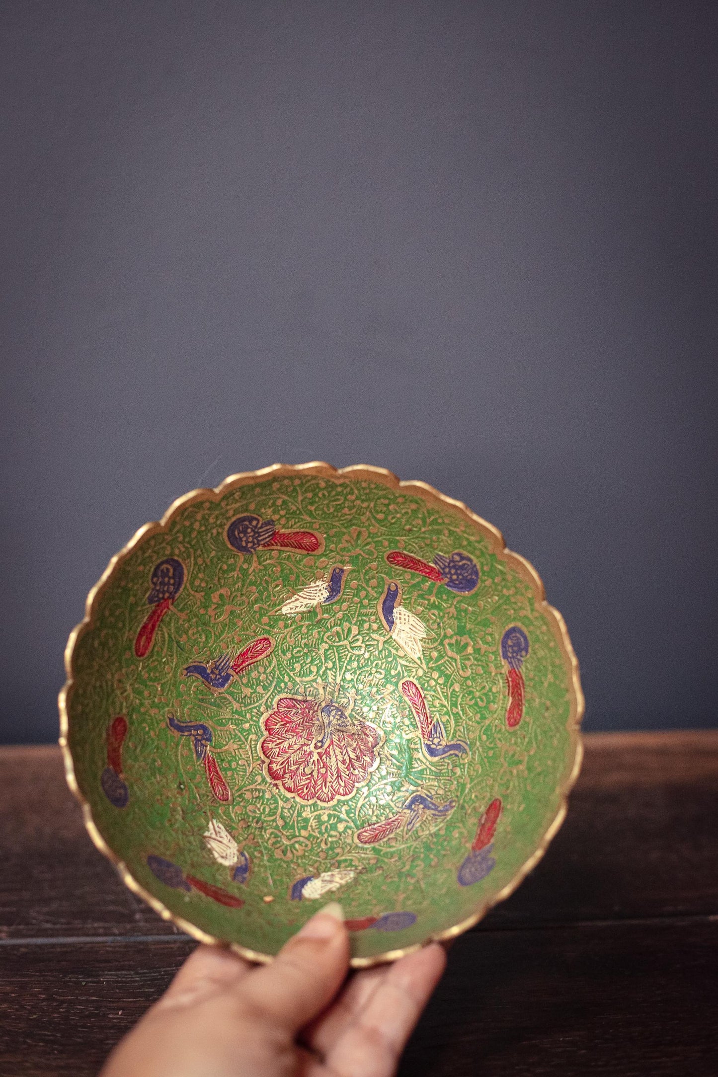 Small Green Brass Enamel Peacock Bowl 6" Wide - Vintage Brass Enamel Decorative Bowl