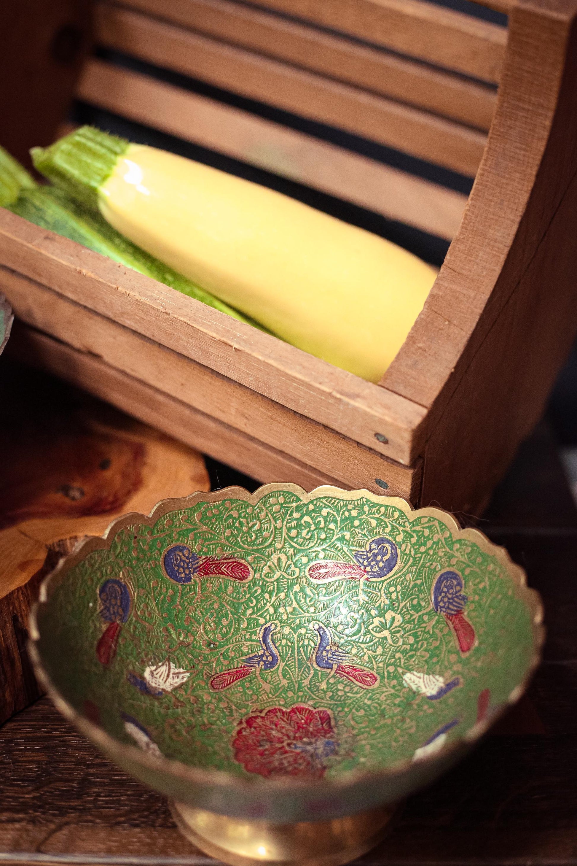 Small Green Brass Enamel Peacock Bowl 6" Wide - Vintage Brass Enamel Decorative Bowl