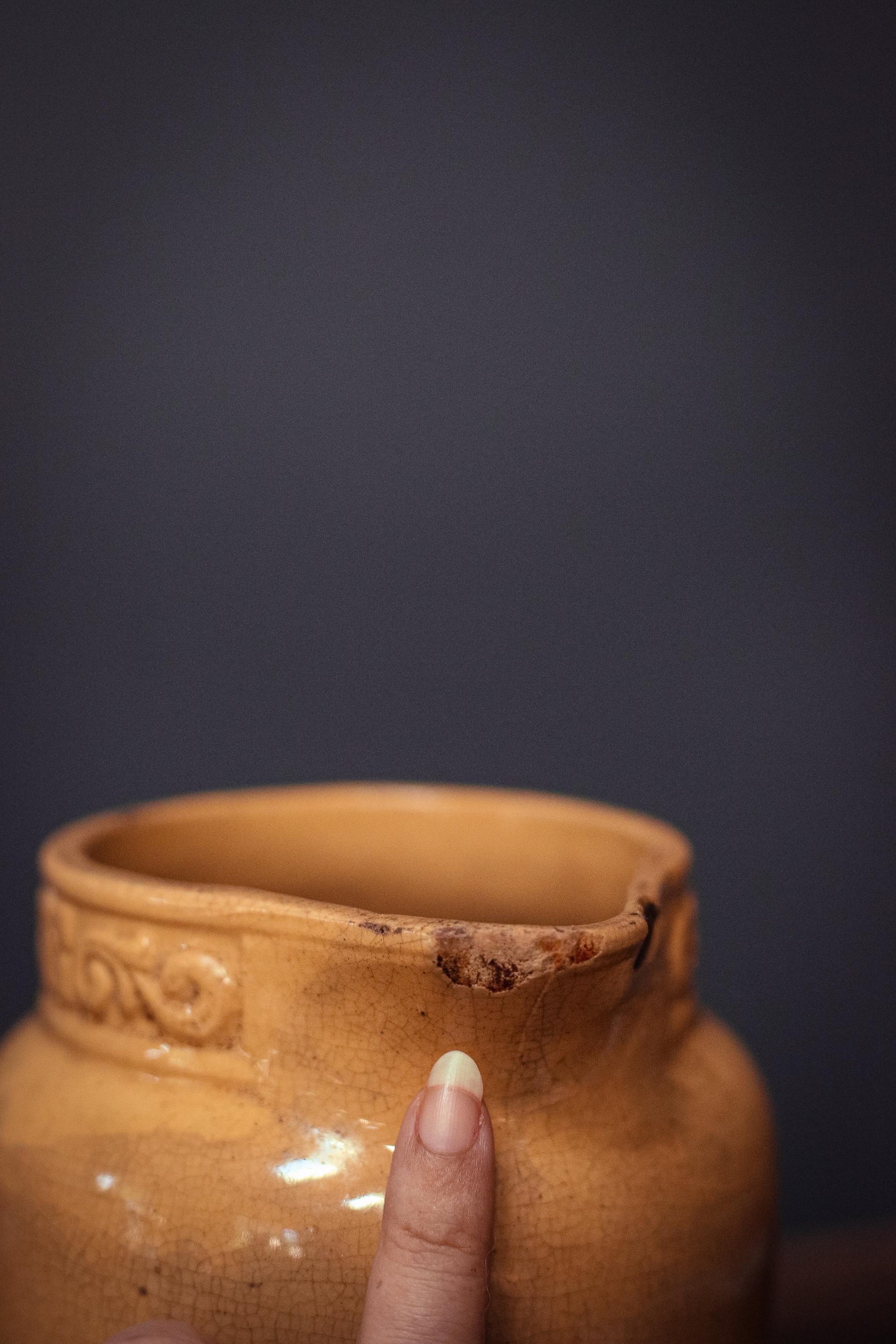 Ochre Yellow Crackle Glaze Pitcher - Vintage Yellow Salt Glaze Yelloware Pitcher