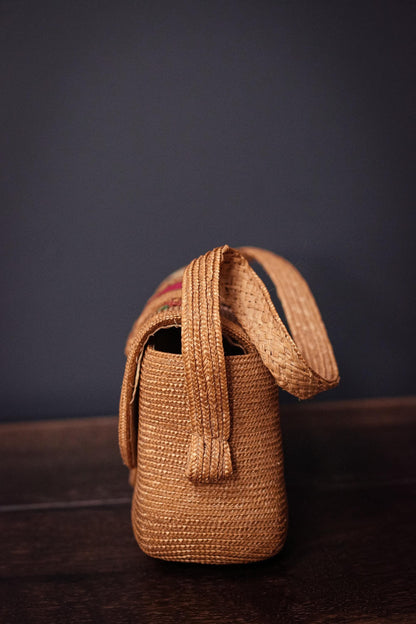 Vintage Wicker/Raffia Purse with Red & Floral Details - Bohemian Rattan Embroidered Handbag