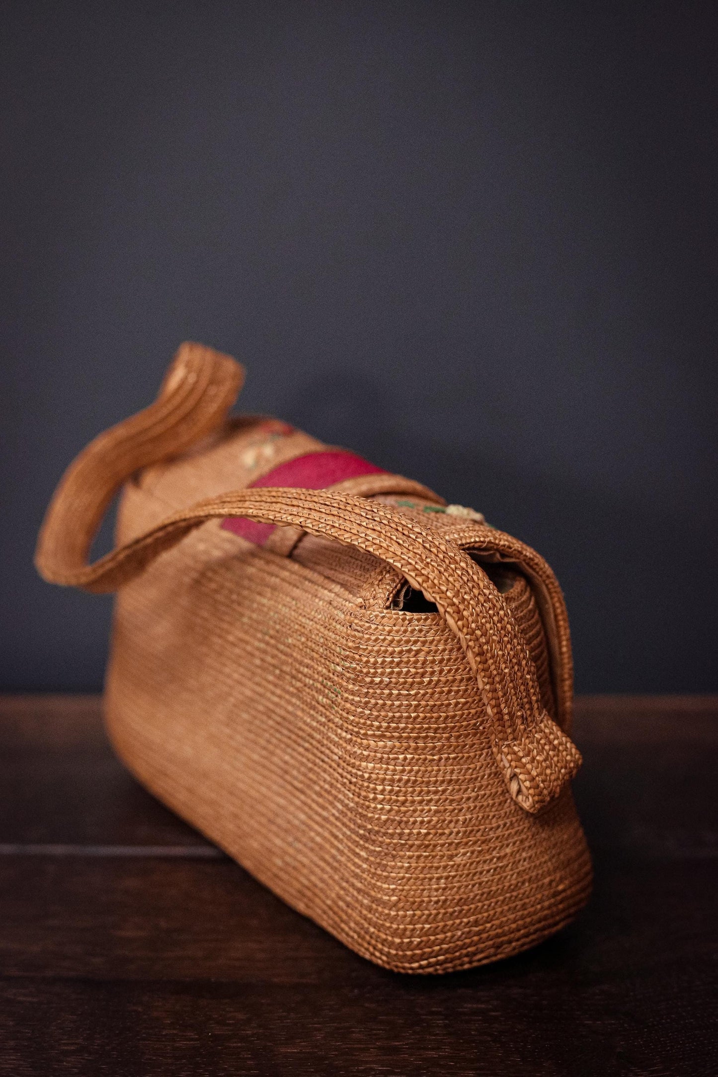 Vintage Wicker/Raffia Purse with Red & Floral Details - Bohemian Rattan Embroidered Handbag