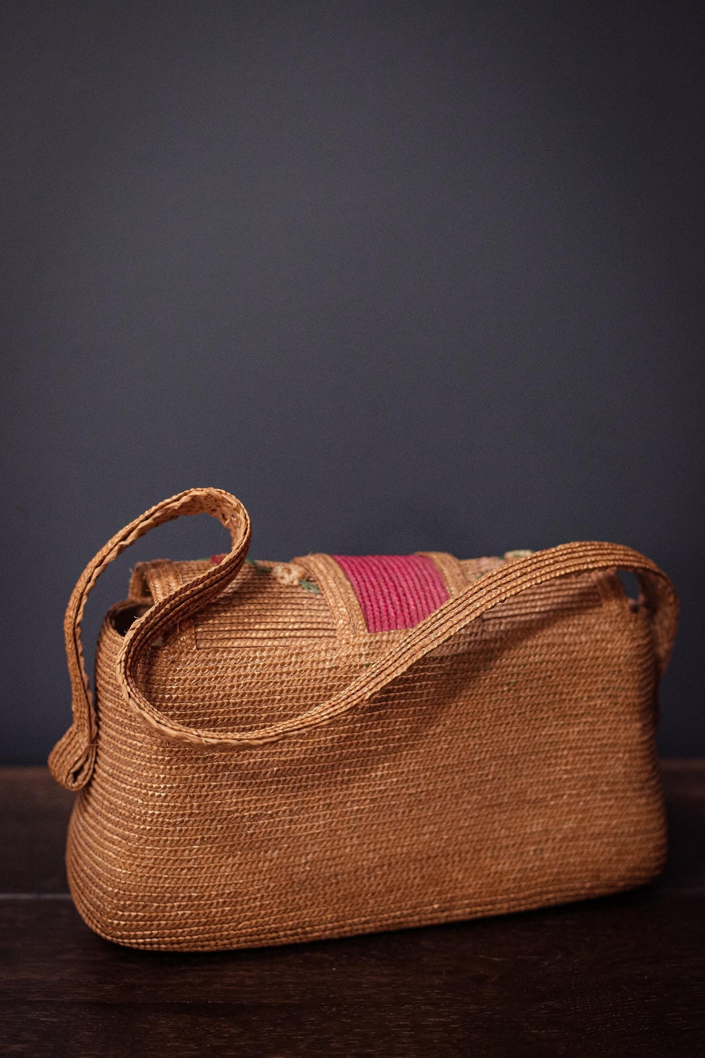 Vintage Wicker/Raffia Purse with Red & Floral Details - Bohemian Rattan Embroidered Handbag