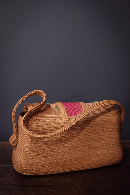 Vintage Wicker/Raffia Purse with Red & Floral Details - Bohemian Rattan Embroidered Handbag
