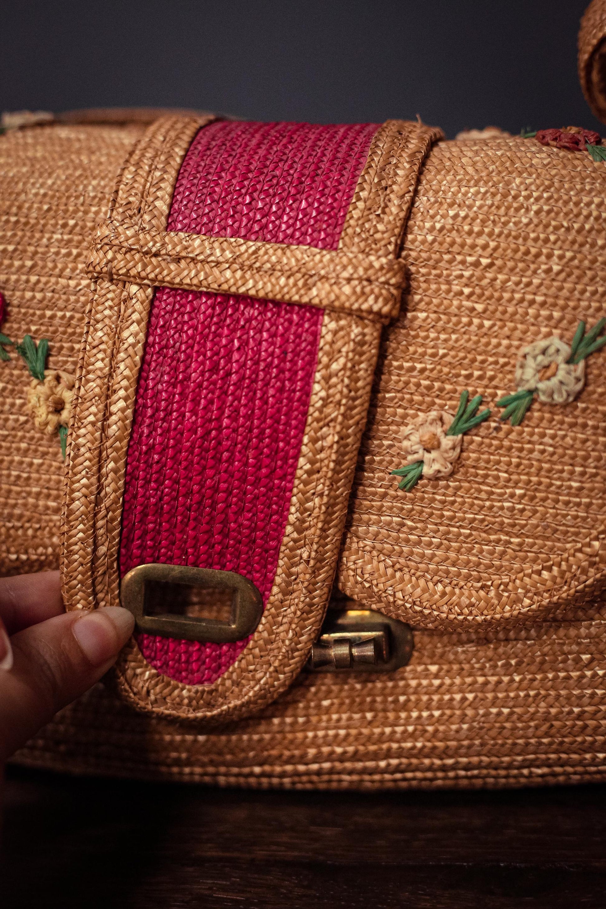 Vintage Wicker/Raffia Purse with Red & Floral Details - Bohemian Rattan Embroidered Handbag