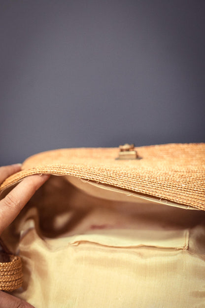 Vintage Wicker/Raffia Purse with Red & Floral Details - Bohemian Rattan Embroidered Handbag