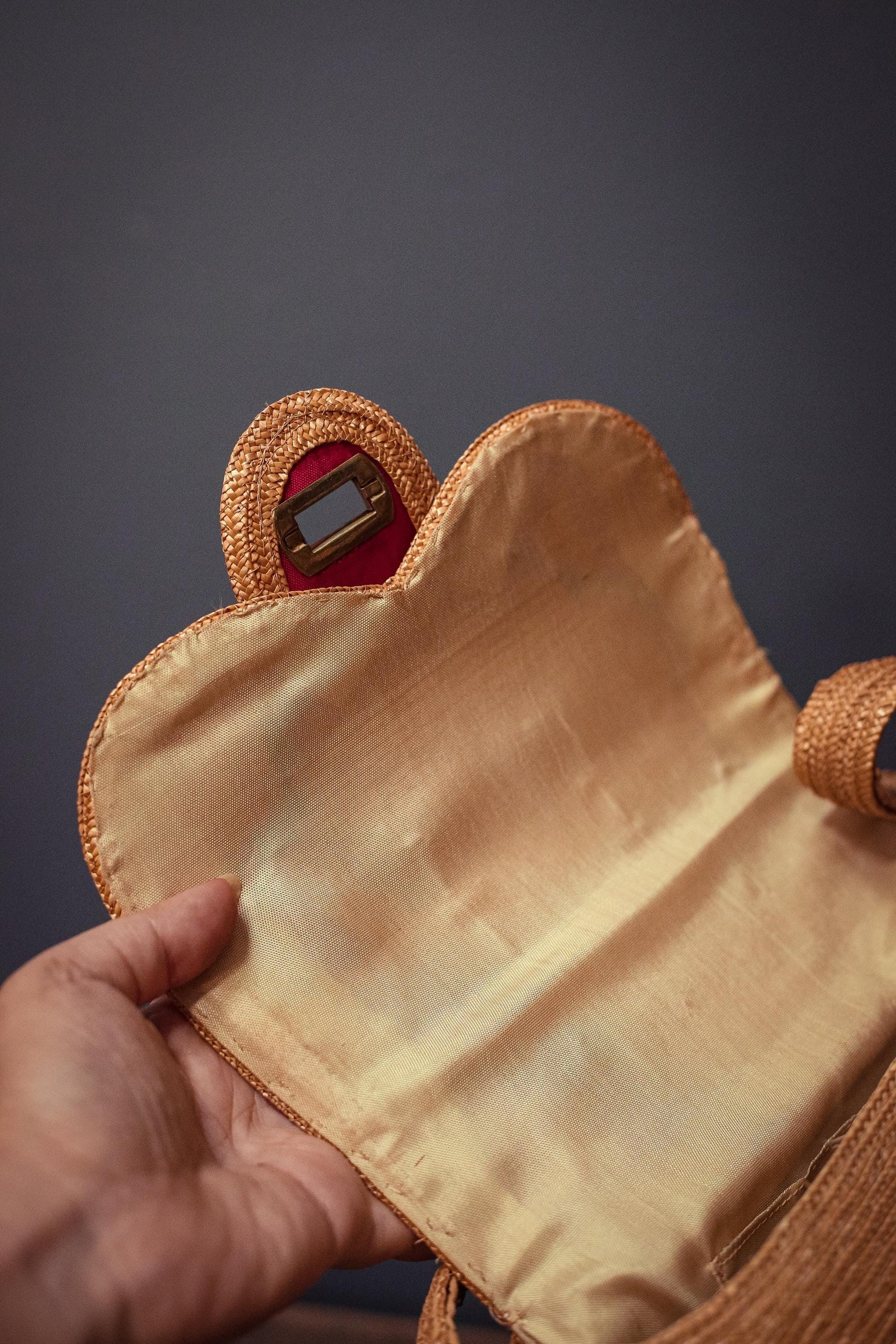 Vintage Wicker/Raffia Purse with Red & Floral Details - Bohemian Rattan Embroidered Handbag