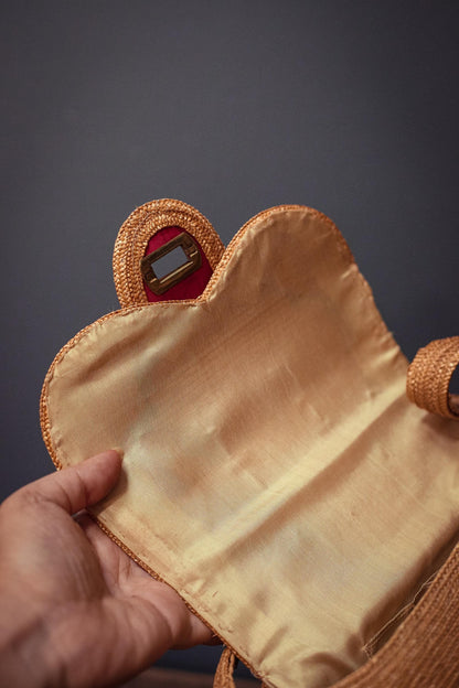Vintage Wicker/Raffia Purse with Red & Floral Details - Bohemian Rattan Embroidered Handbag