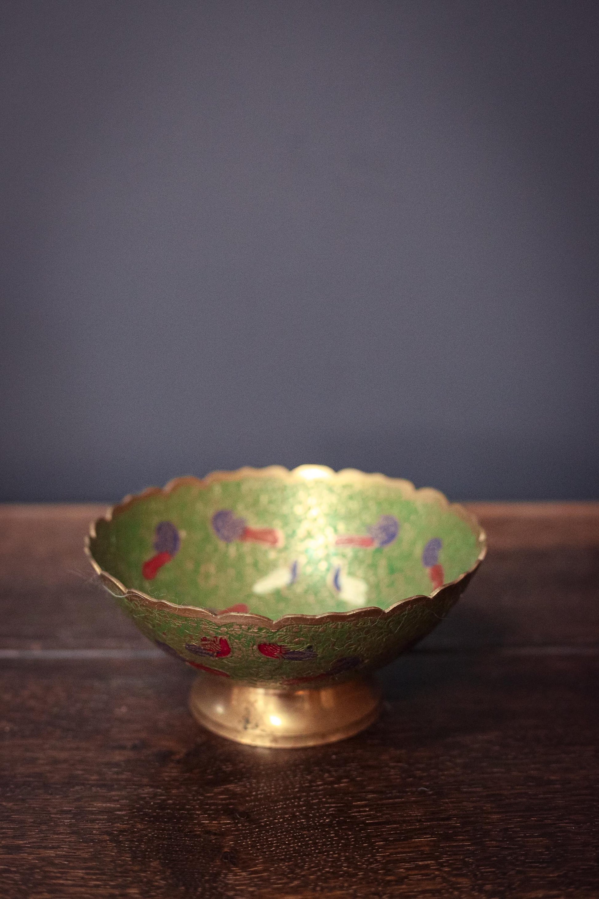 Small Green Brass Enamel Peacock Bowl 6" Wide - Vintage Brass Enamel Decorative Bowl