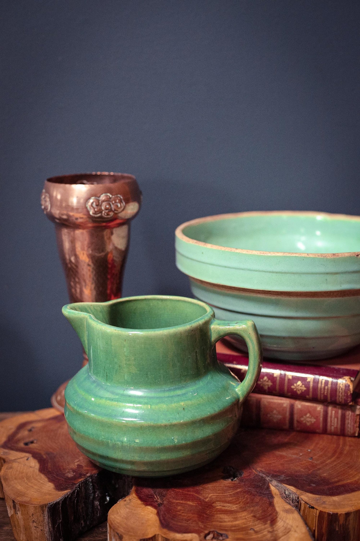 Green Stoneware Pitcher with Ridges, Angular Spout & Handle - Vintage McCoy Stamped Handmade Ceramic Glazed Pottery Farmhouse Kitchen