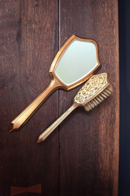 Gold & Silver Floral Vanity Mirror Brush Set
