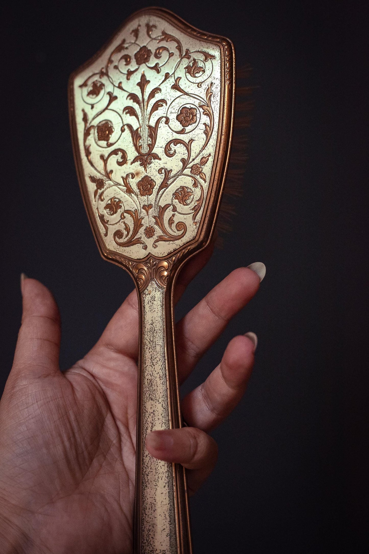 Gold & Silver Floral Vanity Mirror Brush Set
