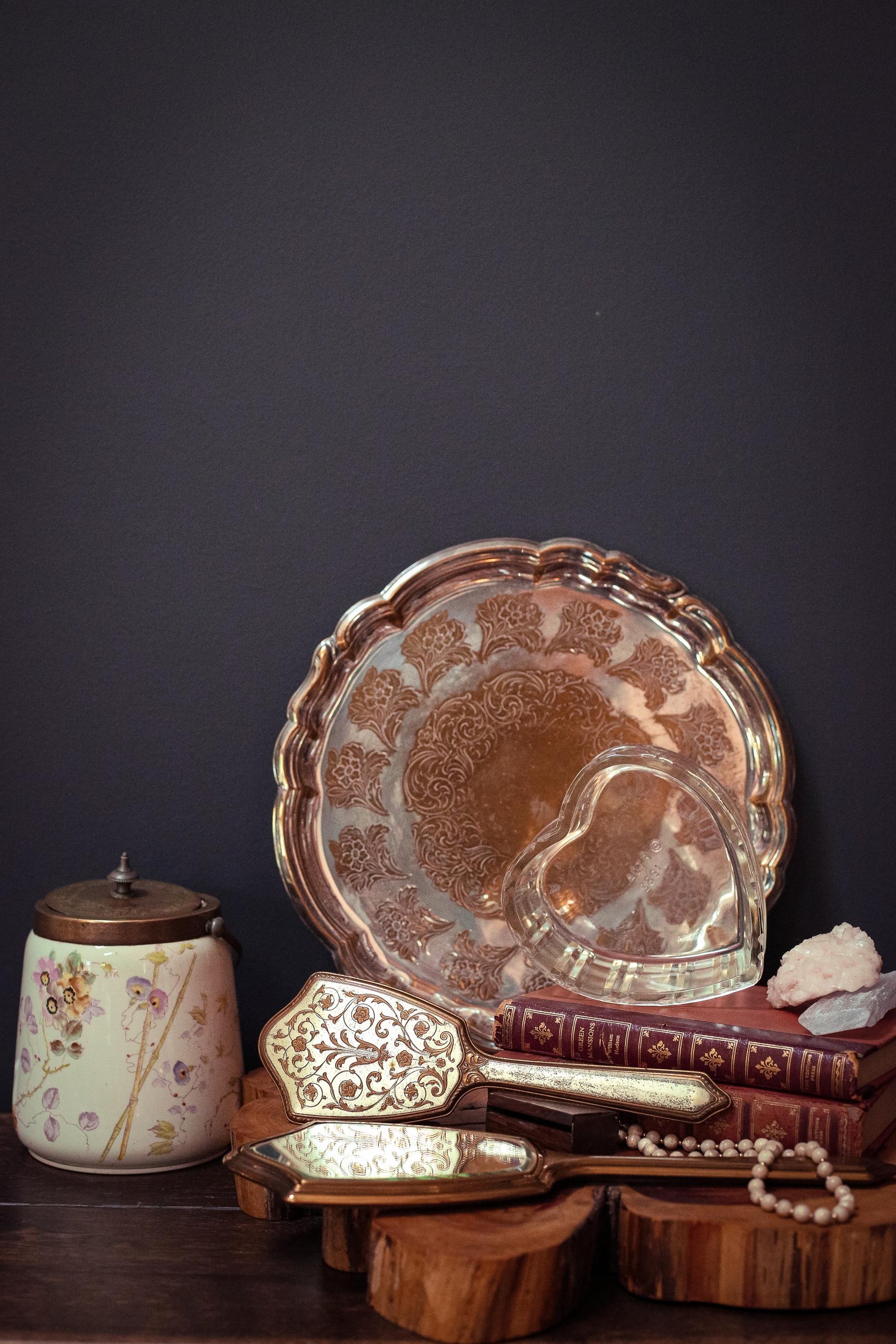 Gold & Silver Floral Vanity Mirror Brush Set