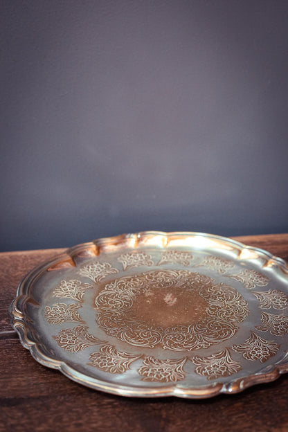 Quist Silver Plated Brass Serving Tray - Vintage Midcentury Silver Floral Engraved Tray Made in West Germany