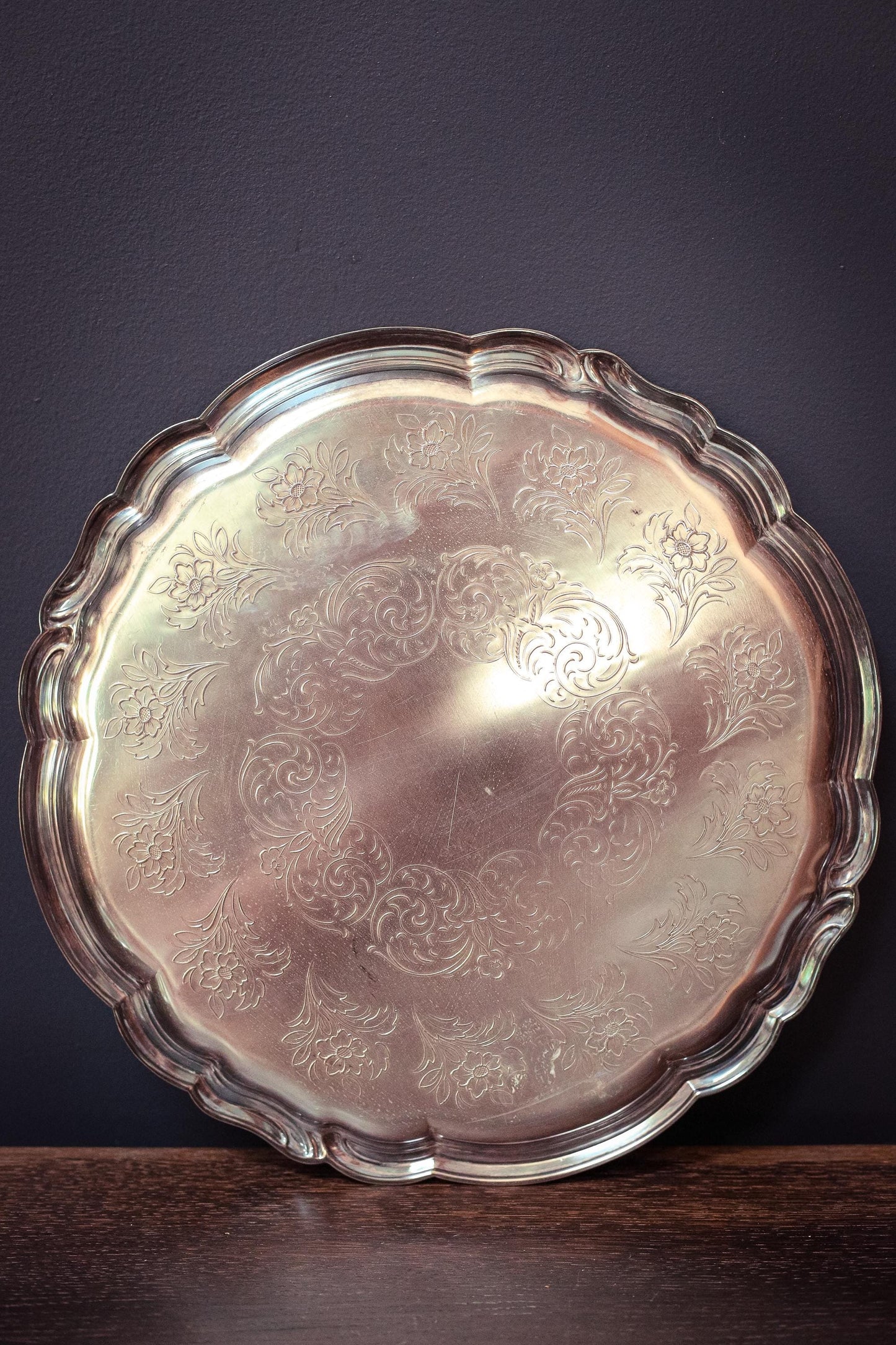 Quist Silver Plated Brass Serving Tray - Vintage Midcentury Silver Floral Engraved Tray Made in West Germany