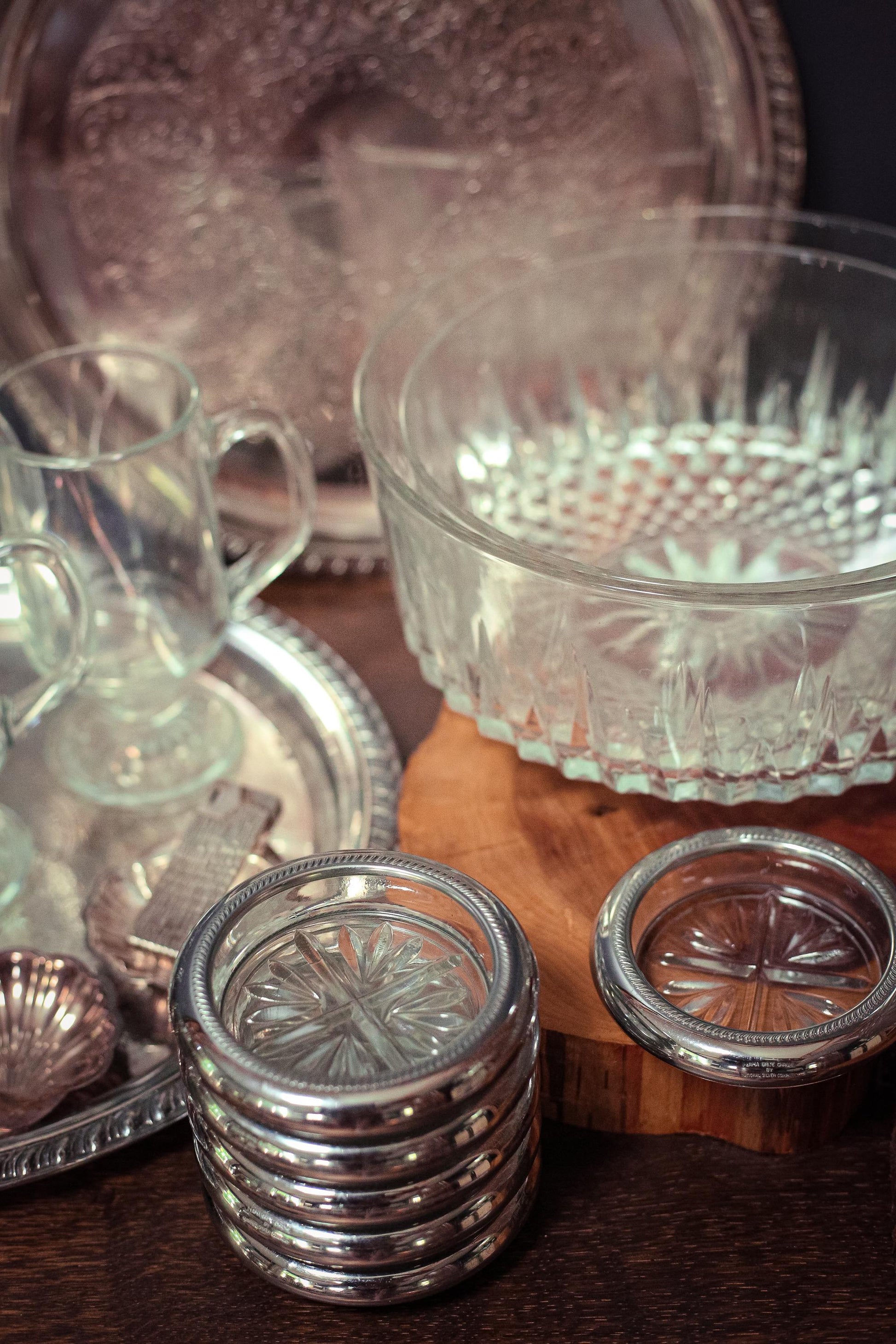 Silver Plated Crystal Coasters by National Silver Co - Vintage MCM Barware