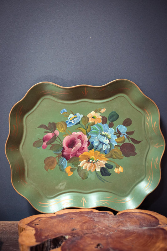 Large Green Floral Tole Painted Metal Tray - Vintage Floral Toleware Sage Green & Gold