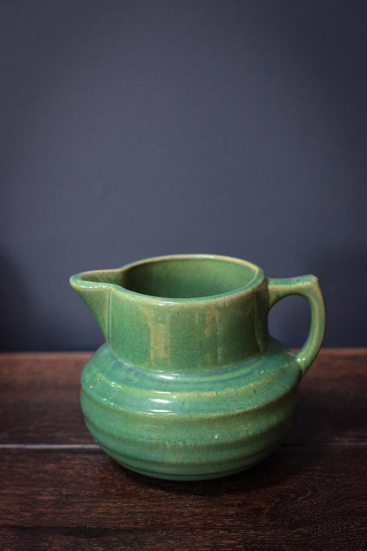 Green Stoneware Pitcher with Ridges, Angular Spout & Handle - Vintage McCoy Stamped Handmade Ceramic Glazed Pottery Farmhouse Kitchen
