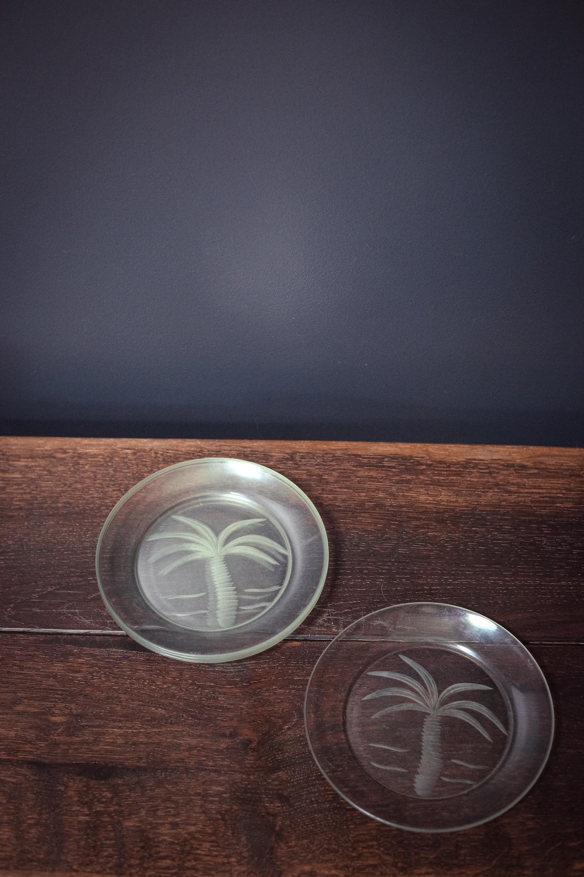 Arcoroc France Cut Glass Fruits Plates with Palm Design - Vintage Arc France Plates