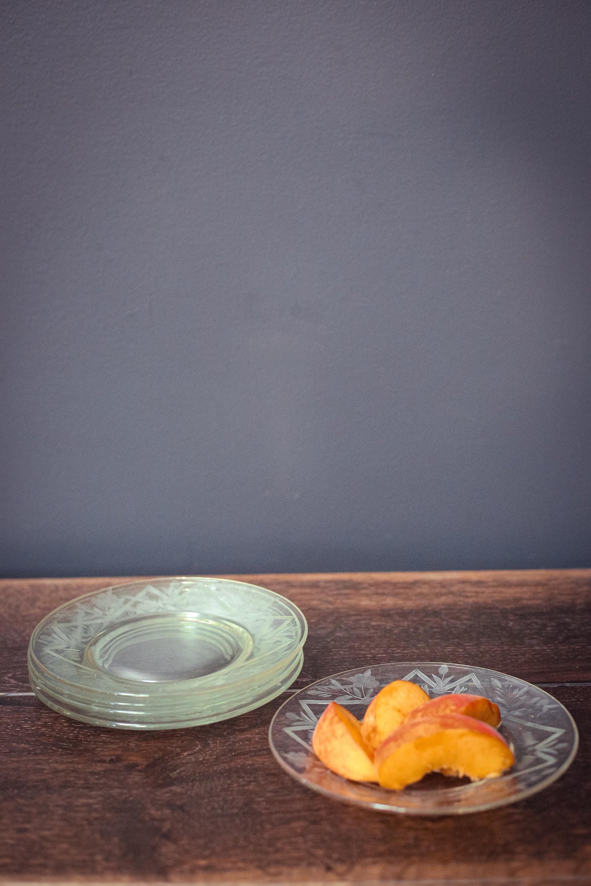 Carved Glass Fruit Plates with Geometric Floral Border - Vintage Glass Plates set of 5