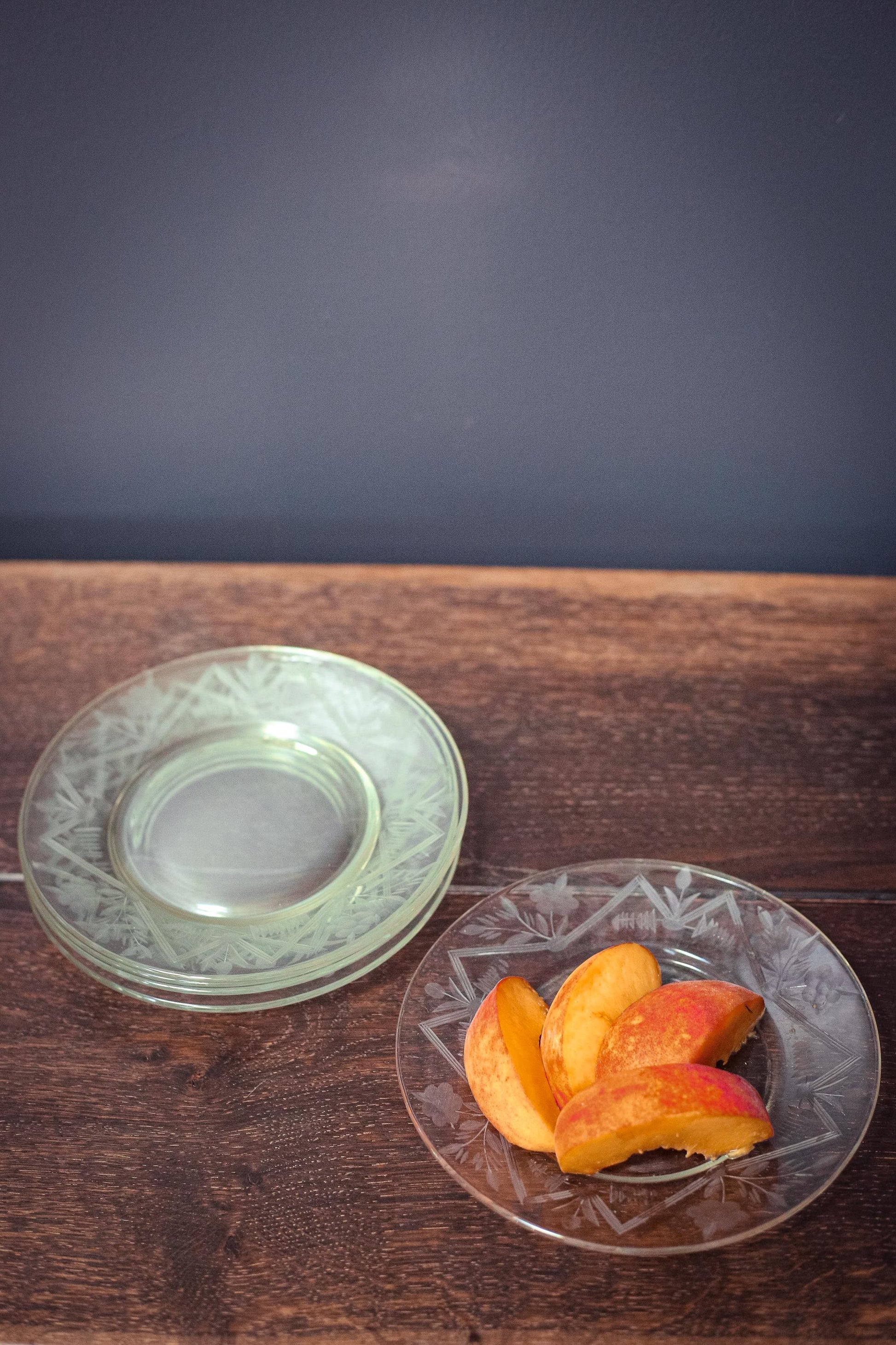 Carved Glass Fruit Plates with Geometric Floral Border - Vintage Glass Plates set of 5