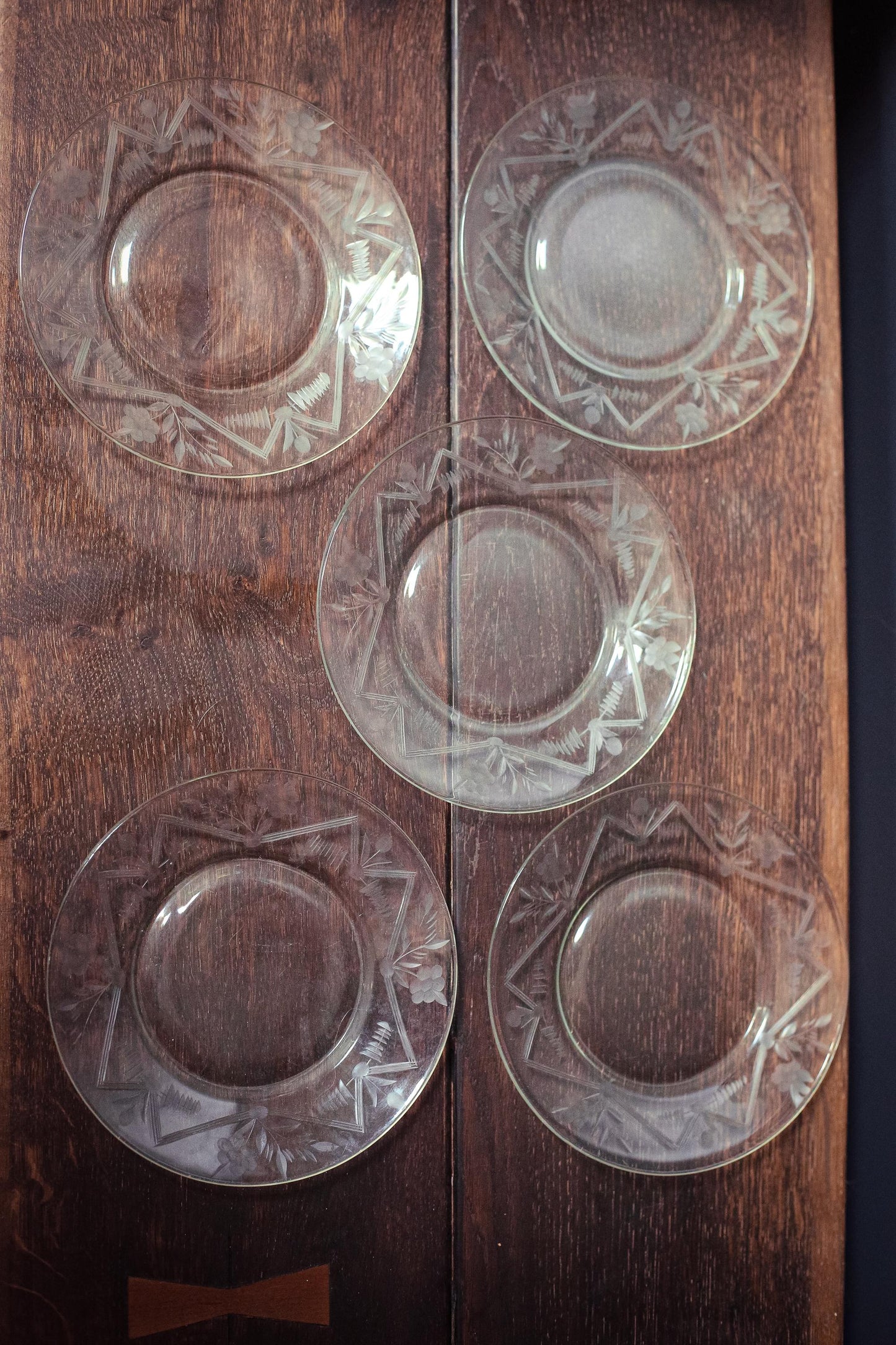 Carved Glass Fruit Plates with Geometric Floral Border - Vintage Glass Plates set of 5