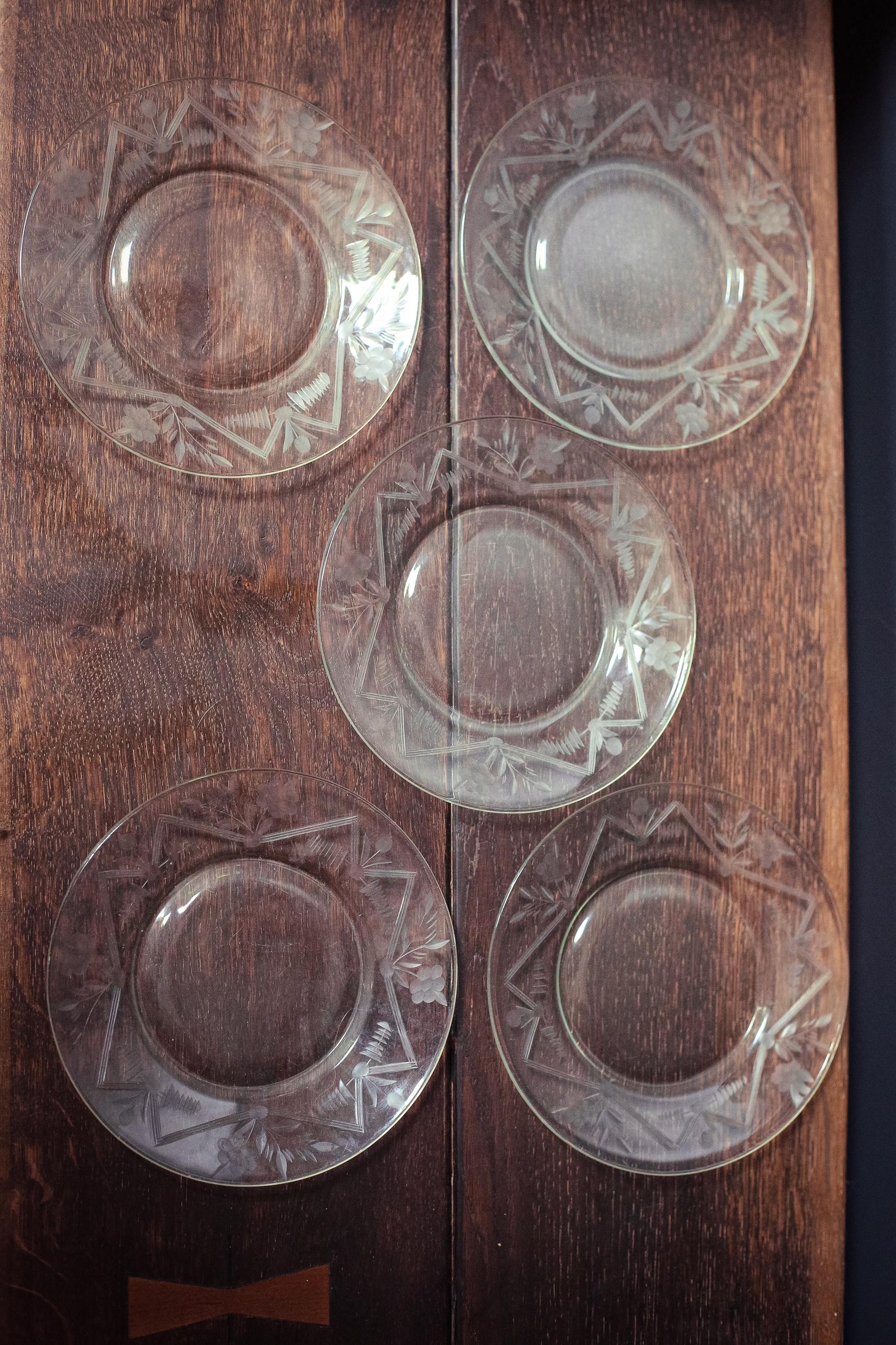 Carved Glass Fruit Plates with Geometric Floral Border - Vintage Glass Plates set of 5