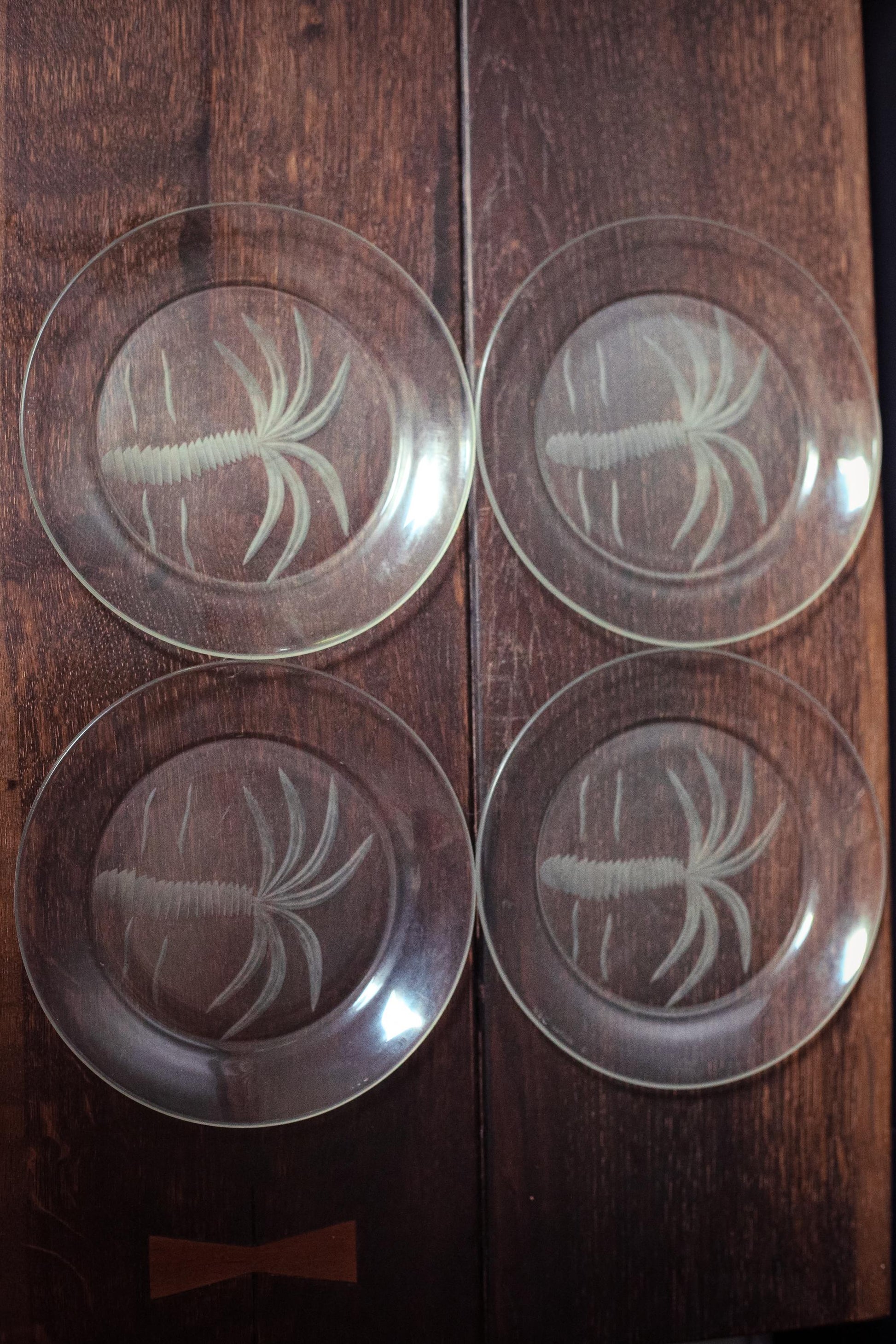 Arcoroc France Cut Glass Fruits Plates with Palm Design - Vintage Arc France Plates