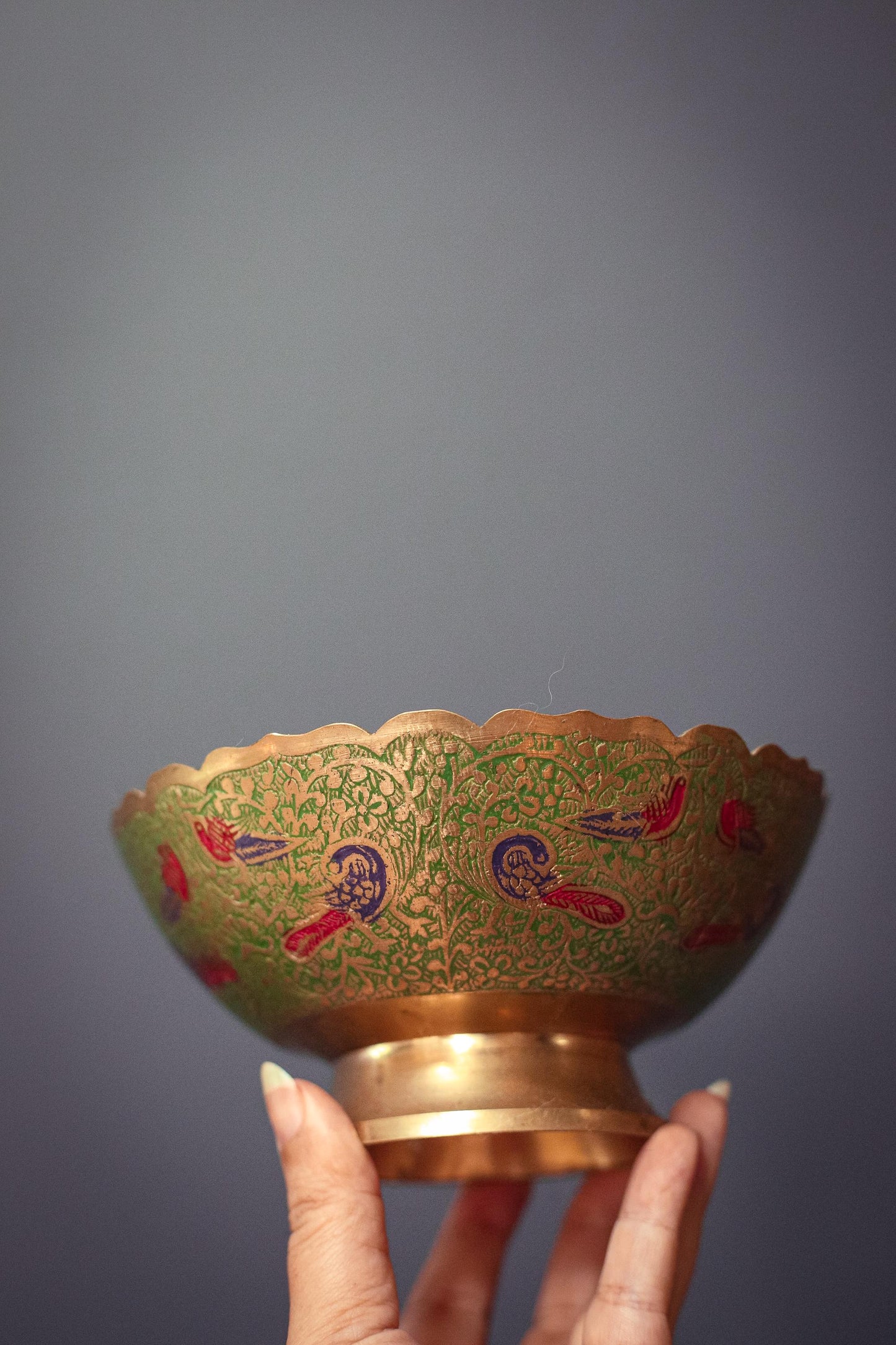 Small Green Brass Enamel Peacock Bowl 6" Wide - Vintage Brass Enamel Decorative Bowl