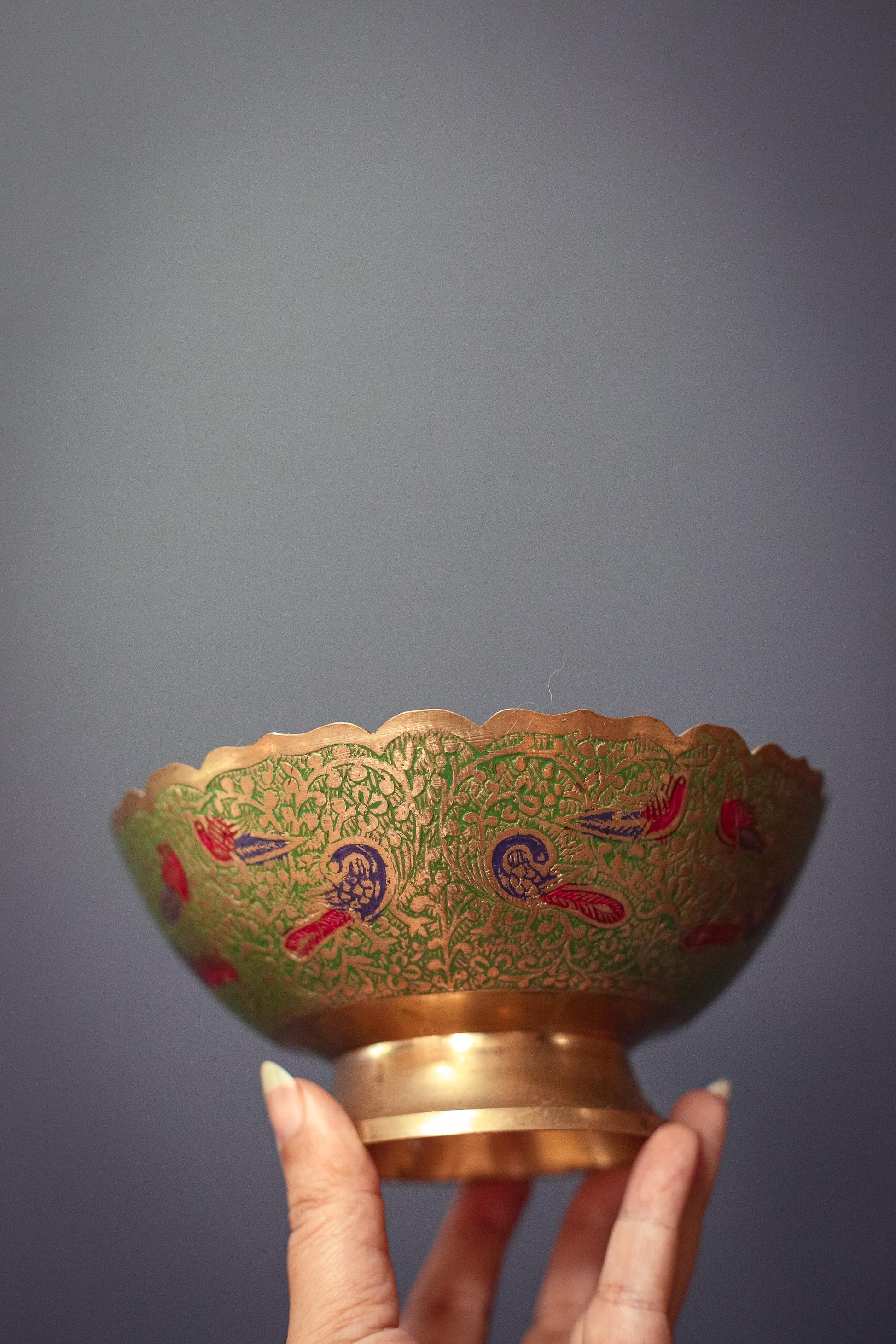 Small Green Brass Enamel Peacock Bowl 6" Wide - Vintage Brass Enamel Decorative Bowl
