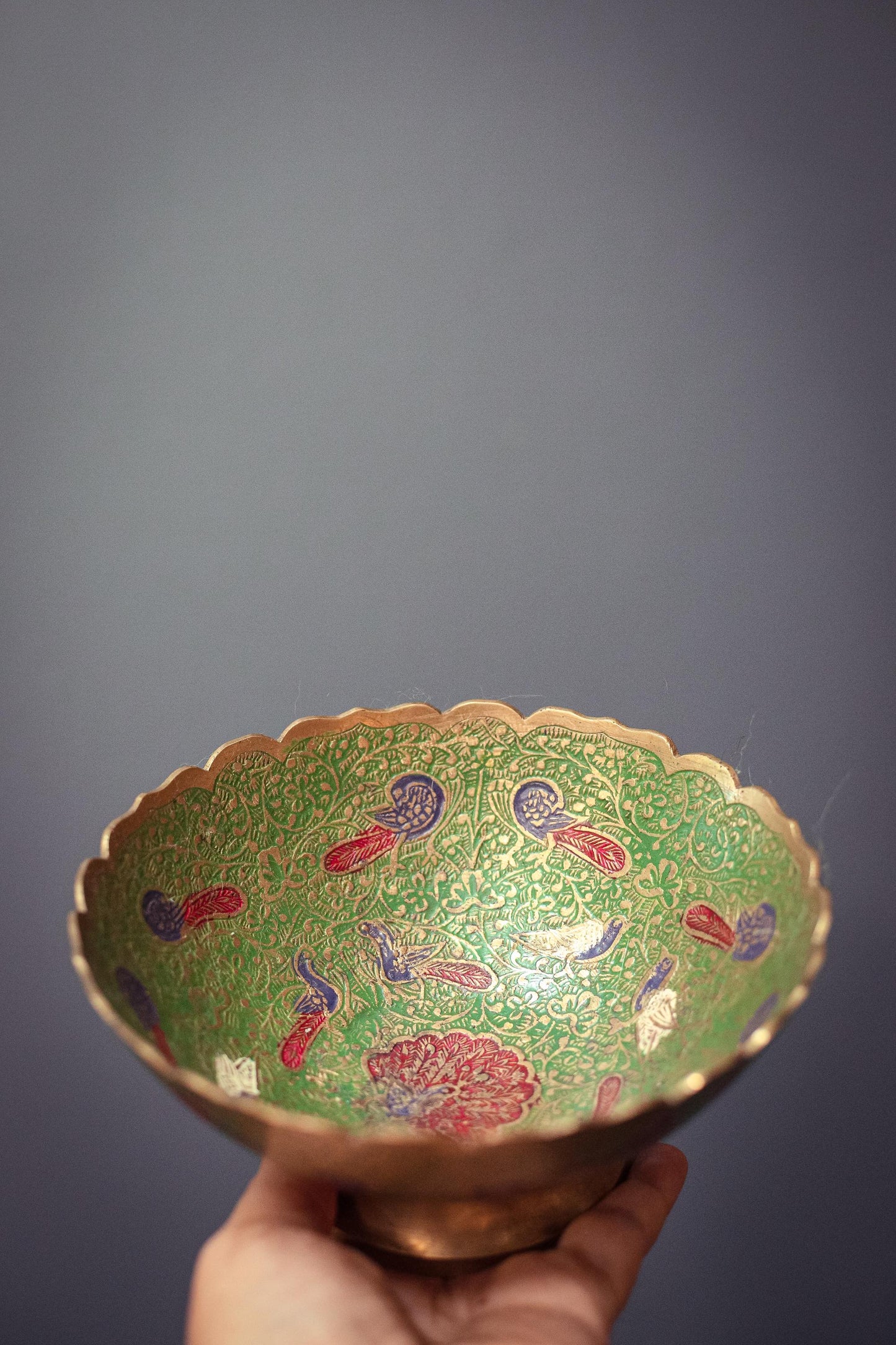 Small Green Brass Enamel Peacock Bowl 6" Wide - Vintage Brass Enamel Decorative Bowl