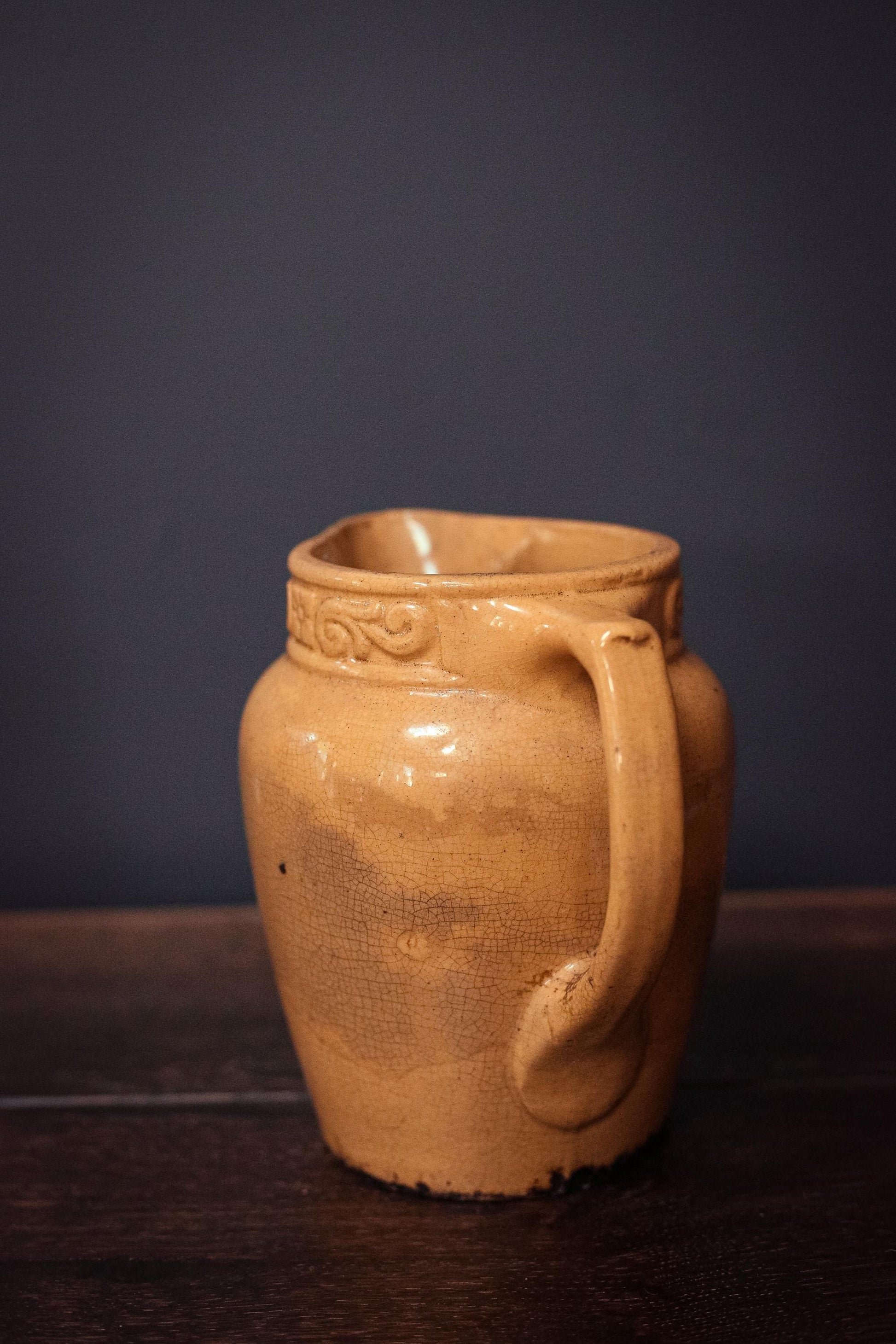Ochre Yellow Crackle Glaze Pitcher - Vintage Yellow Salt Glaze Yelloware Pitcher