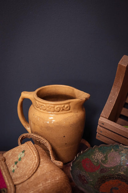 Ochre Yellow Crackle Glaze Pitcher - Vintage Yellow Salt Glaze Yelloware Pitcher