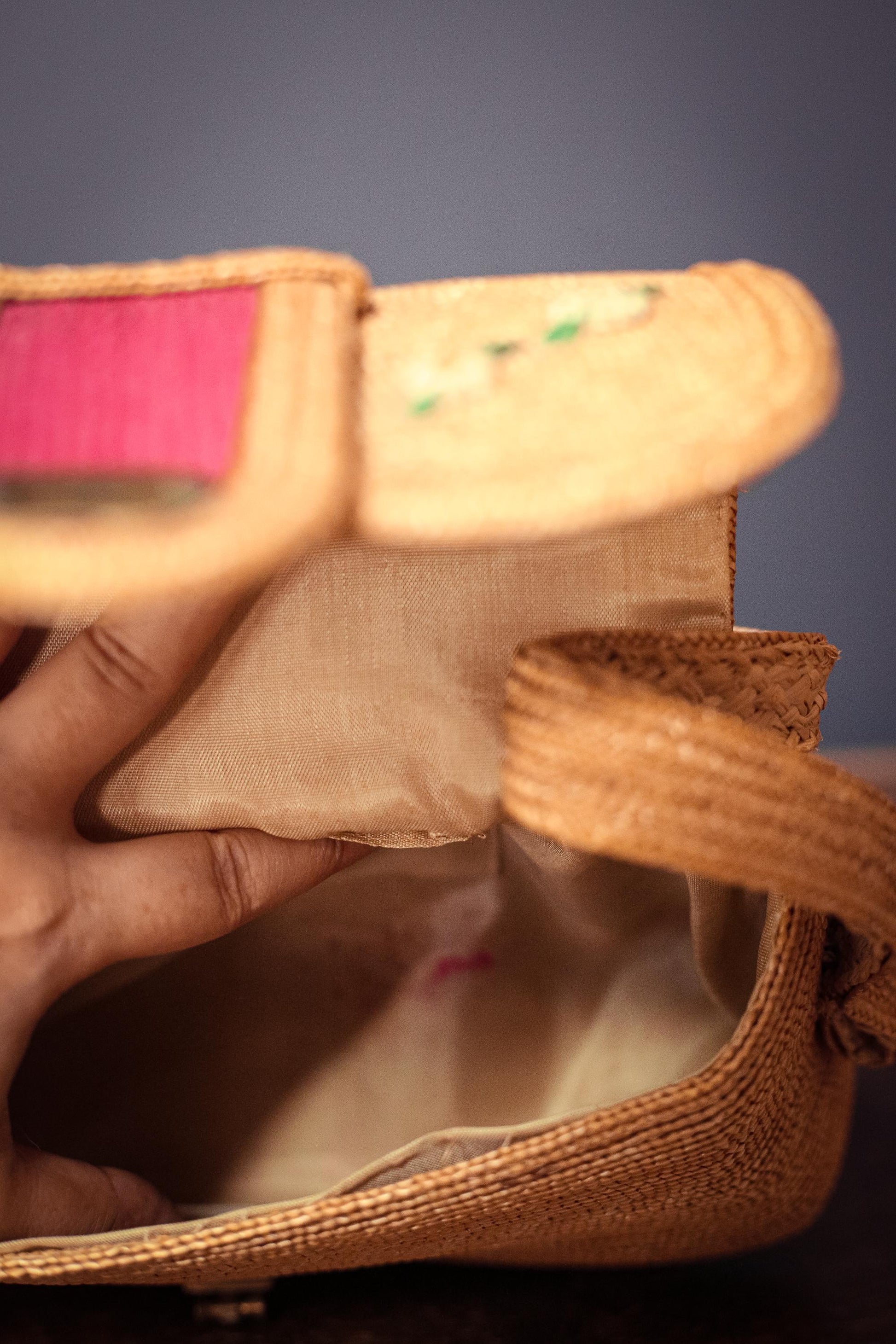 Vintage Wicker/Raffia Purse with Red & Floral Details - Bohemian Rattan Embroidered Handbag