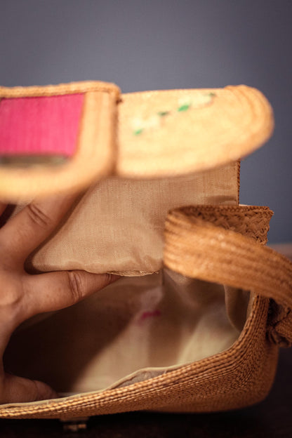 Vintage Wicker/Raffia Purse with Red & Floral Details - Bohemian Rattan Embroidered Handbag