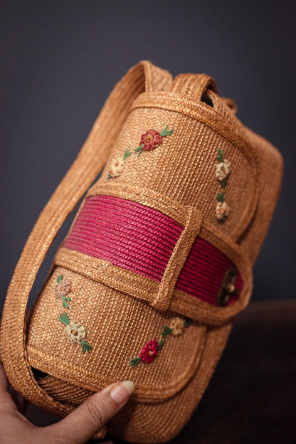 Vintage Wicker/Raffia Purse with Red & Floral Details - Bohemian Rattan Embroidered Handbag