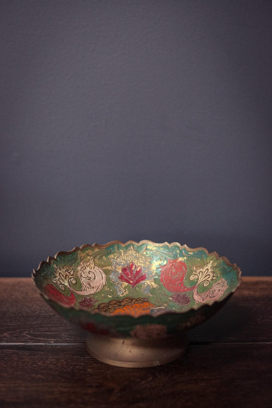 Large Green Brass Enamel Peacock Bowl 7.5" Wide - Vintage Brass Enamel Altar Bowl