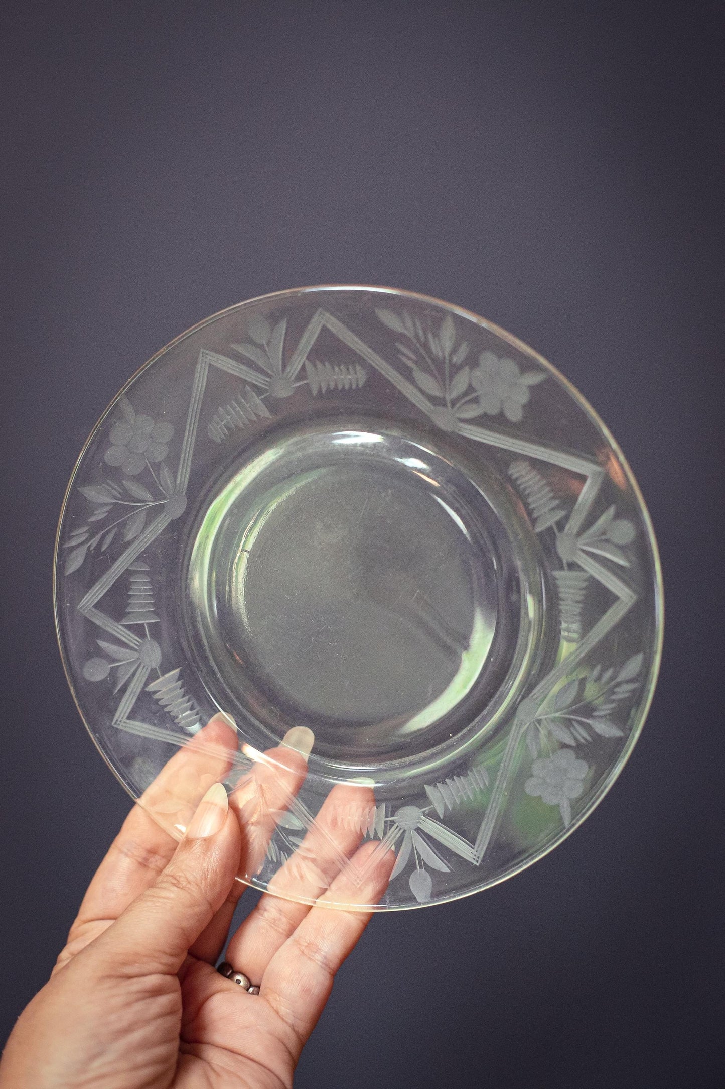 Carved Glass Fruit Plates with Geometric Floral Border - Vintage Glass Plates set of 5