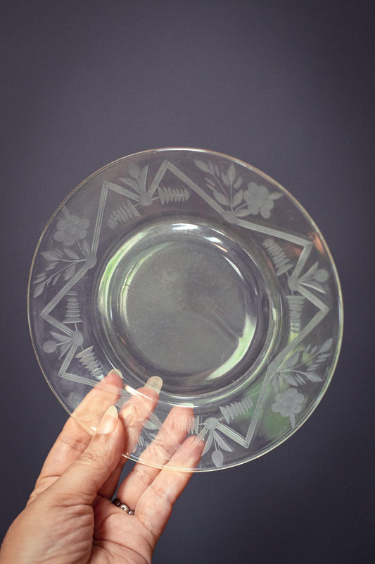 Carved Glass Fruit Plates with Geometric Floral Border - Vintage Glass Plates set of 5