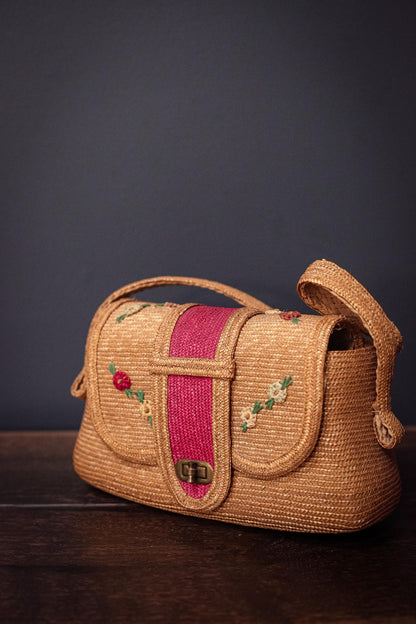 Vintage Wicker/Raffia Purse with Red & Floral Details - Bohemian Rattan Embroidered Handbag