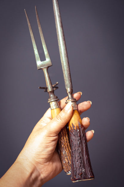 JA Henckels Germany Antler Handle Carving Fork & Sharpener - Vintage German Carving Set