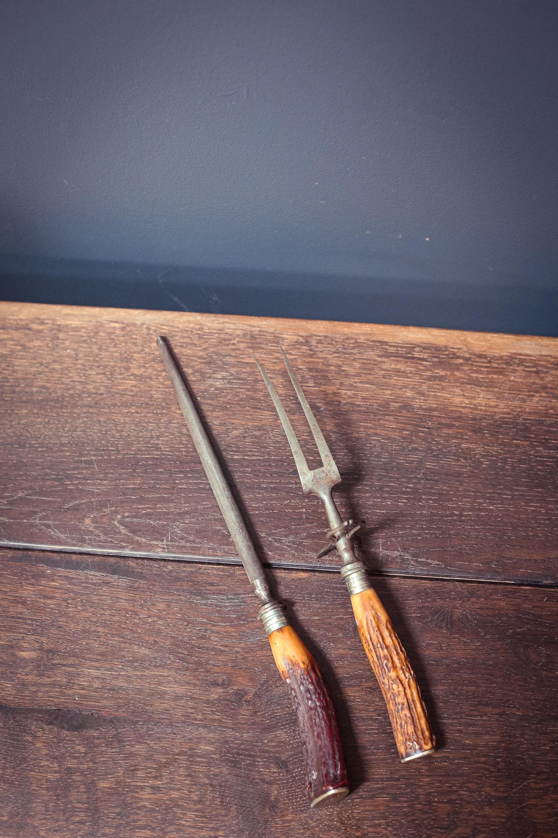 JA Henckels Germany Antler Handle Carving Fork & Sharpener - Vintage German Carving Set